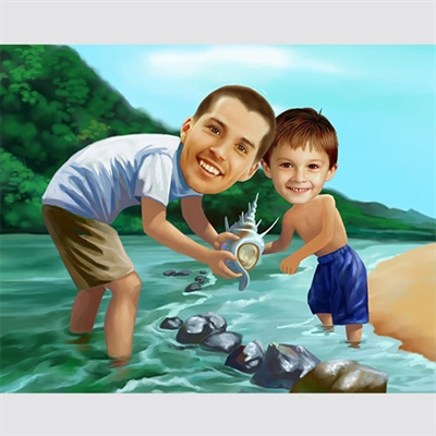 Father and Son Beach Caricature from Photos,by myDaVinci - myDaVinci